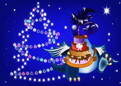 龙年献瑞卡片黑暗蓝龙新年是2012年的象征馅饼派对蜡烛甜点庆典蓝色框架邀请函星星幸福背景