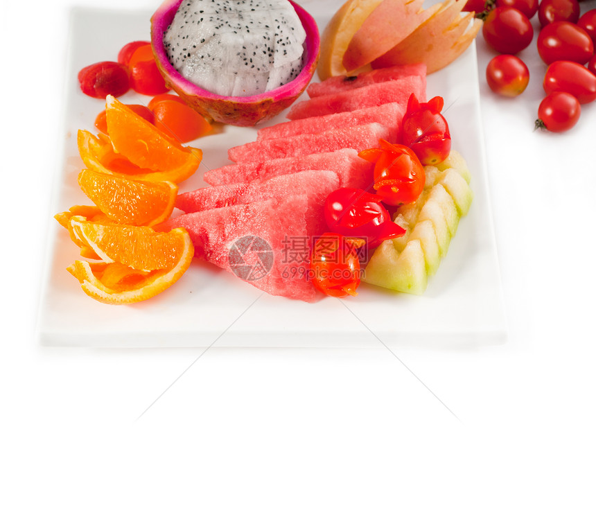 混合新鲜的切片果实营养拼盘沙拉西瓜水果早餐橙子盘子餐饮午餐图片
