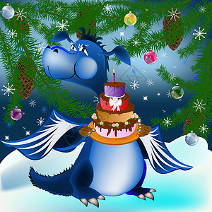 龙年圣诞节卡黑暗蓝龙新年是2012年的象征森林玫瑰蛋糕领结甜点邀请函巧克力礼物生日惊喜背景