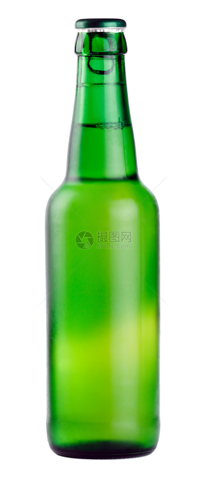 白色背景的绿色啤酒瓶正方形蓝色液体立方体生活合金冷却器工作室金属反射图片