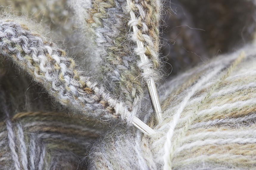 毛线和编织针头爱好卷轴工作眉头褐色纺织品刺绣针线活精纺棉布图片