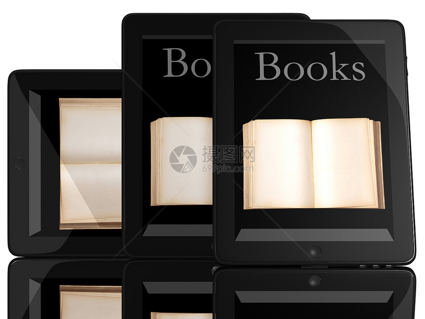计算机和书本组电脑和书籍高科技技术监视器软垫空白电子书平板工具屏幕框架图片