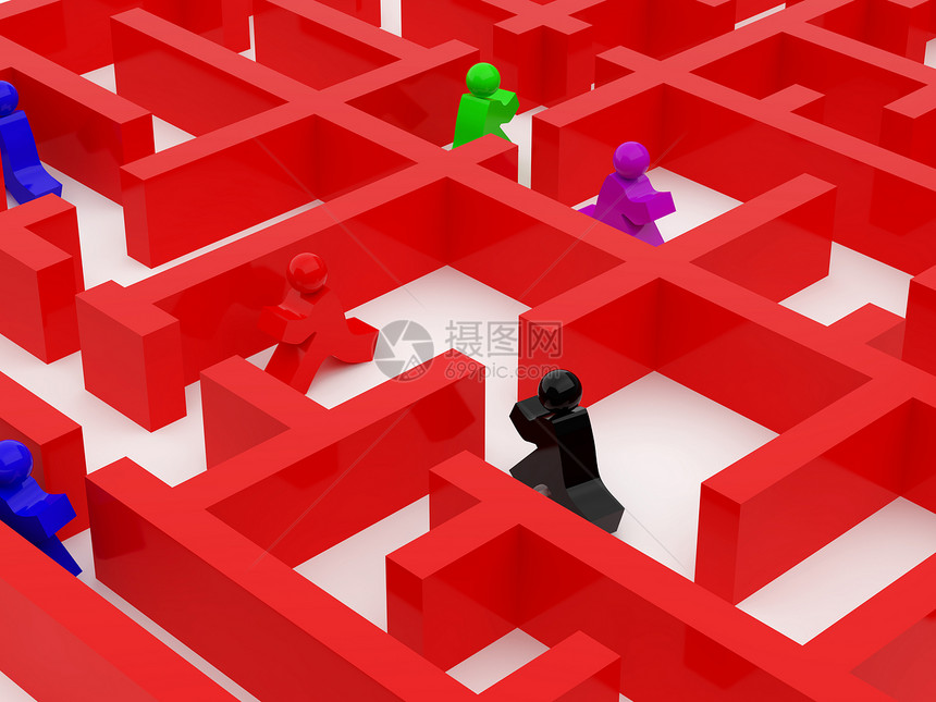 迷宫路线插图渲染蓝色红色会议框架谜语游戏挑战图片