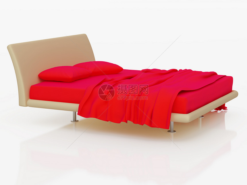 白床风格奢华渲染枕头卧室场景白色红色插图装饰图片