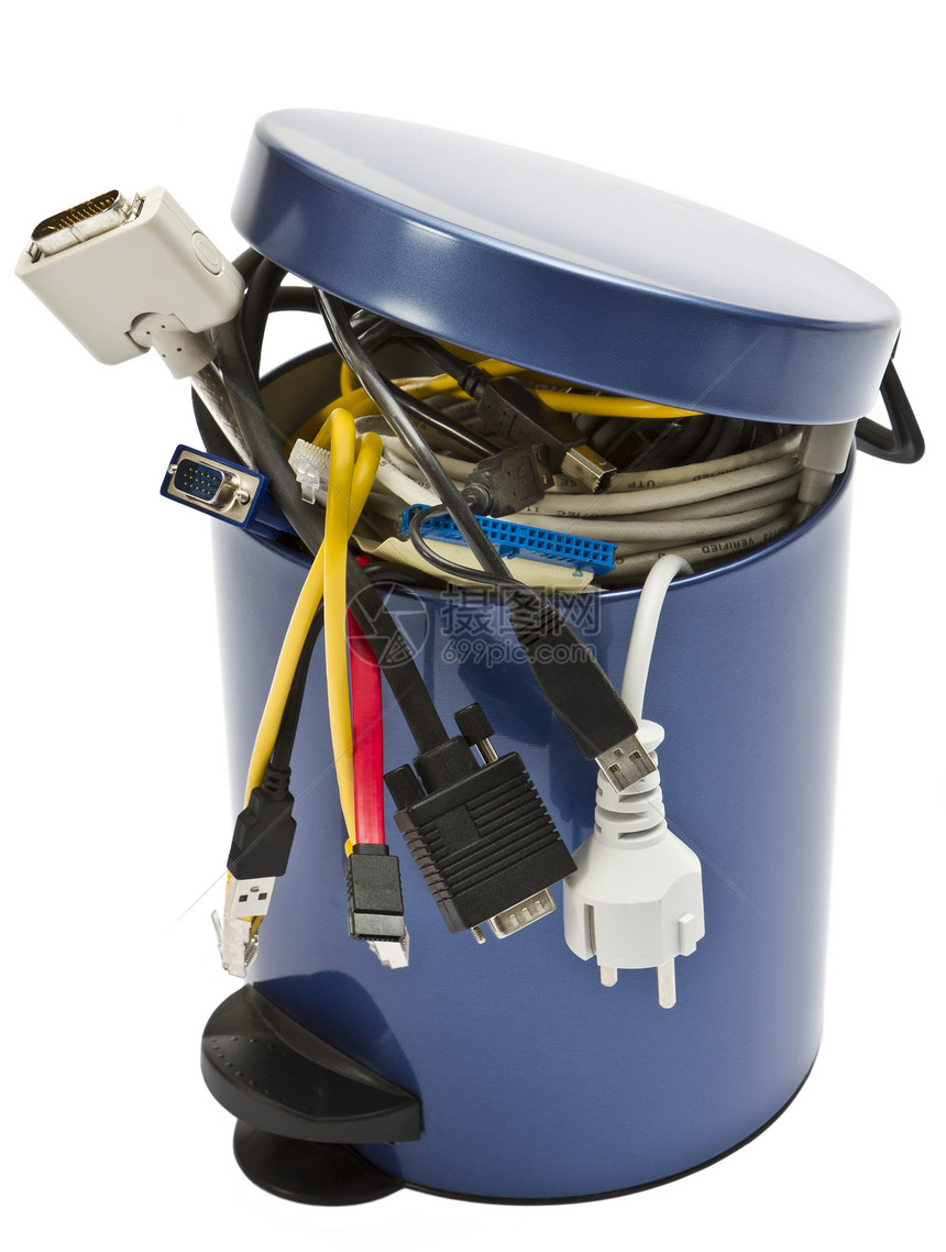 含有电子废物的垃圾回收桶绳索电脑网络电子产品垃圾桶电缆电源线垃圾箱技术部分图片