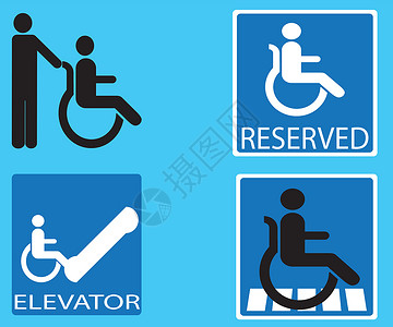残疾人设施障碍标志集民众卫生卫生间扶手椅女士房间座位飞机场蓝色交通插画