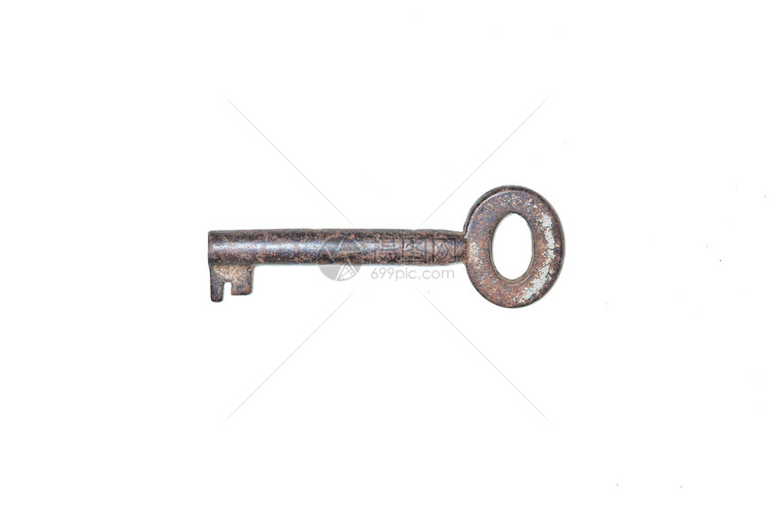 孤立白背景的旧密钥白色棕色安全金属钥匙材料宏观财产工具古董图片