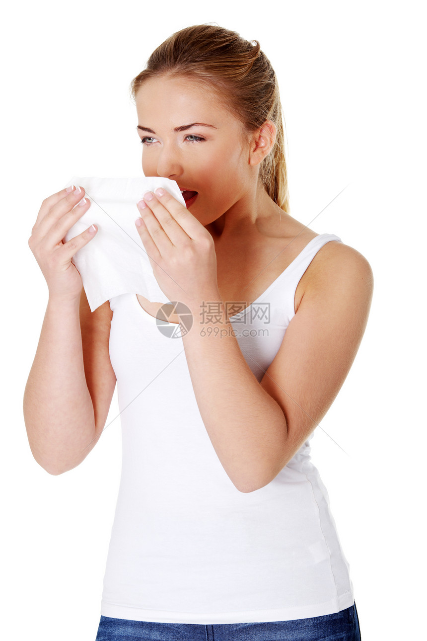 金发女孩打喷嚏感染鼻子女性青年药品流感工作室卫生传染性发烧图片