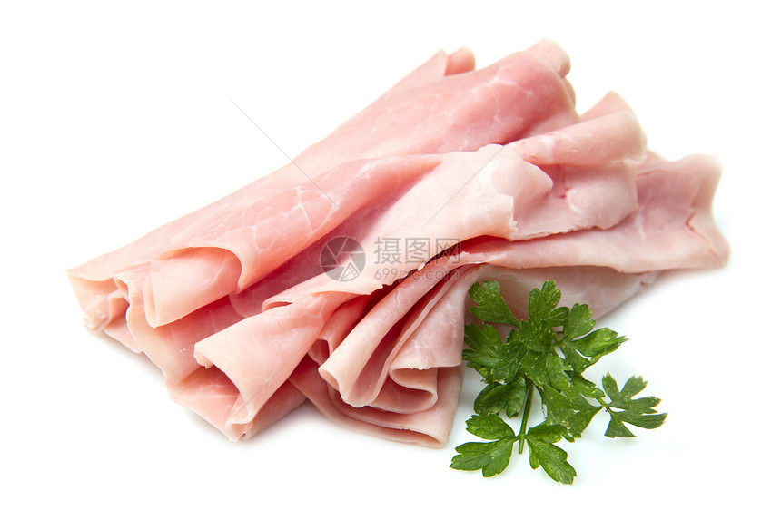 火腿片火腿粉色食物猪肉香菜养分红色叶子香肠白色图片