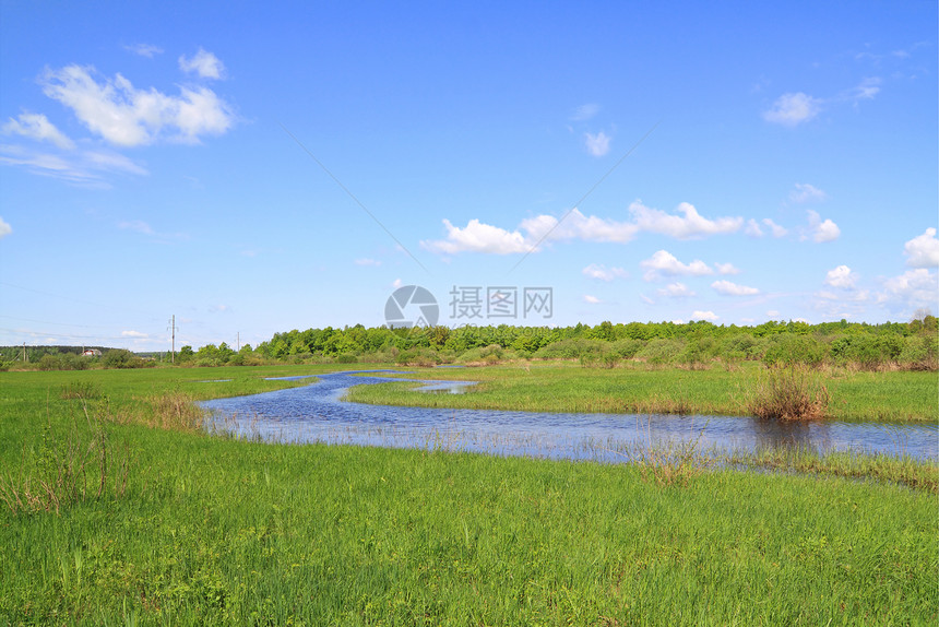 田间河岸上河床绿色天空场地森林木头反射地平线乡村海岸图片