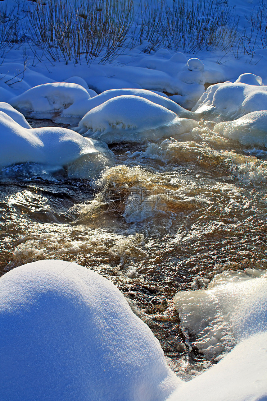 冰层之间的河水流场地流动天气国家纸牌天空季节雪景树木单人图片