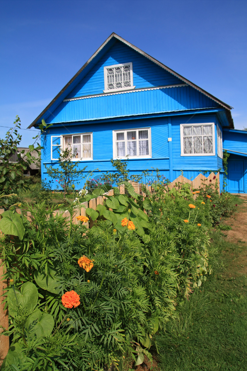 以天为背景的蓝蓝色农村房屋鲜花乡村村庄住宅栅栏农家牧场建筑家庭院子图片