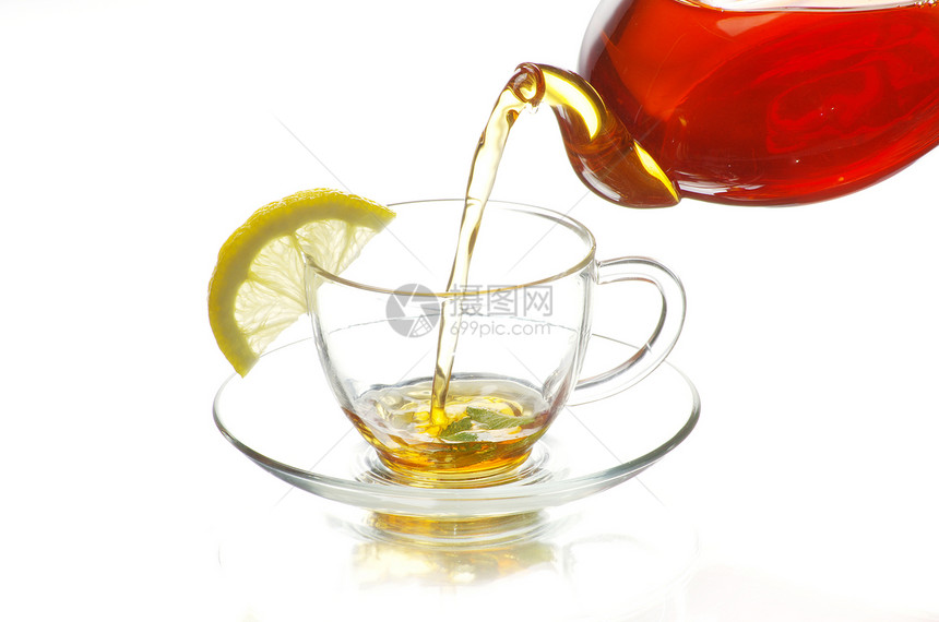 茶茶杯概念白色叶子一杯茶红色液体玻璃杯子水平橙子图片
