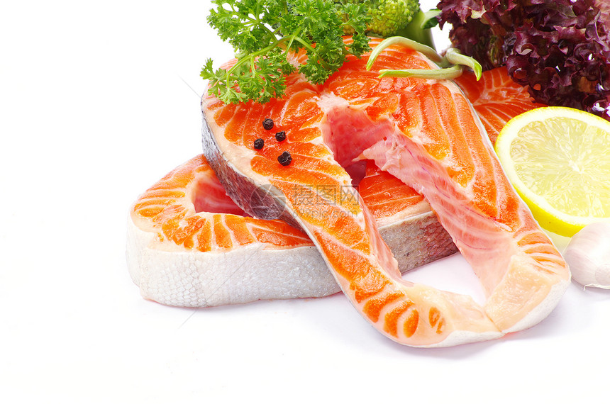 鲑鱼美食橙子牛扒白色鳟鱼宏观食物柠檬红色海鲜图片