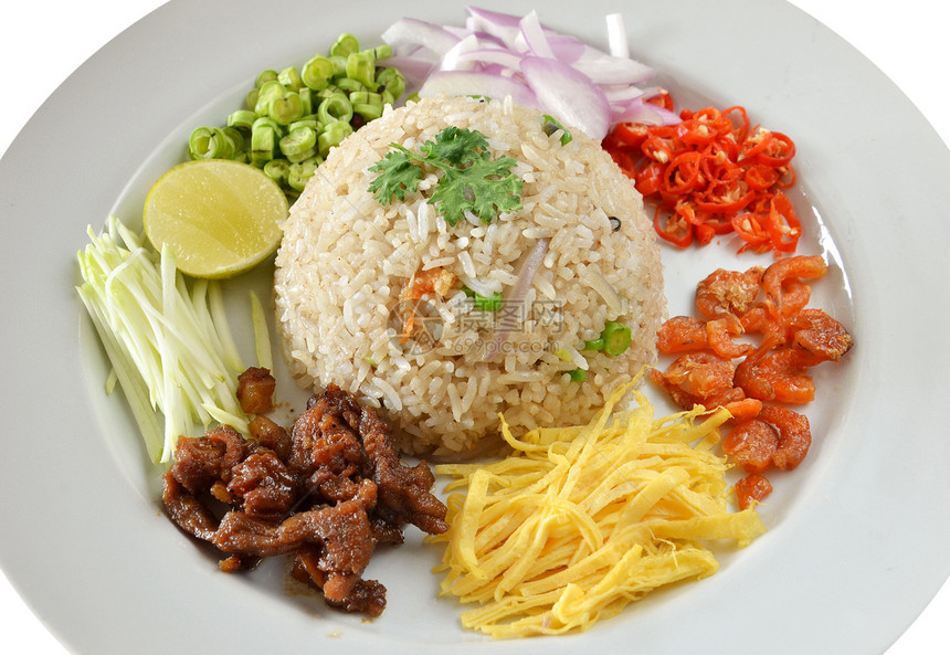 混合煮饭大米餐厅猪肉绿色食物白色蔬菜红色柠檬盘子美食图片
