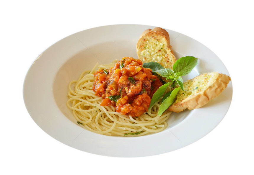 加番茄酱的意大利面绿色蔬菜糖类美食香菜面条食物营养叶子餐厅图片