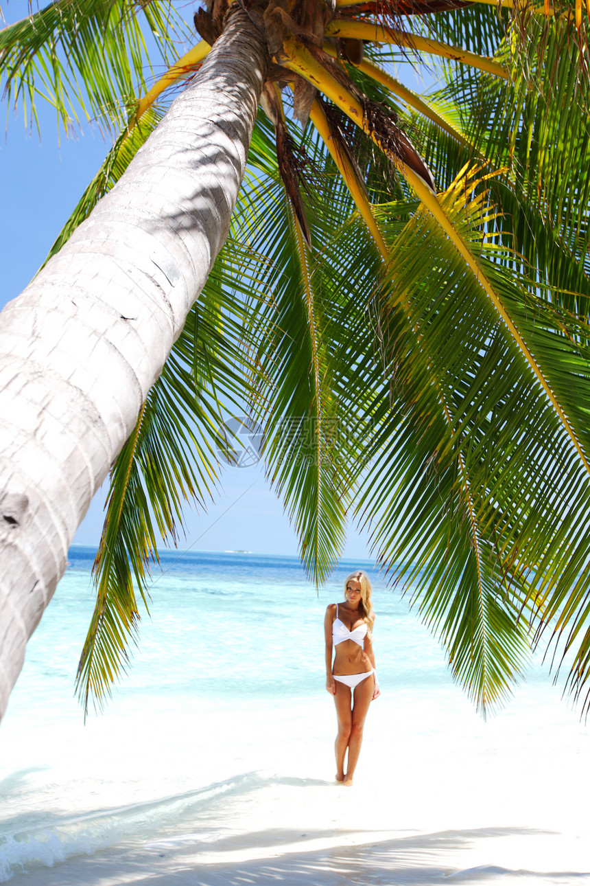 棕榈下的妇女地平线假期旅行帽子温泉天空太阳海洋海滩身体图片