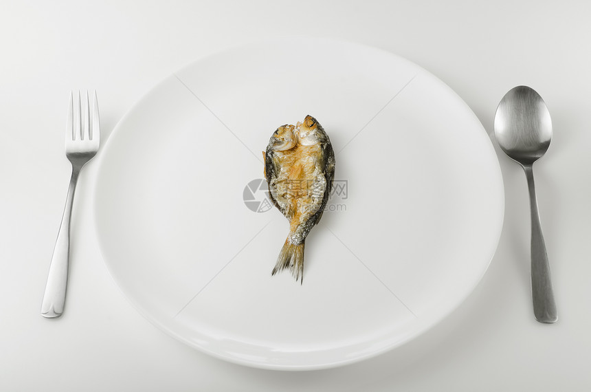 干鱼小鱼白盘子食品盐渍美味海鲜尾巴勺子图片