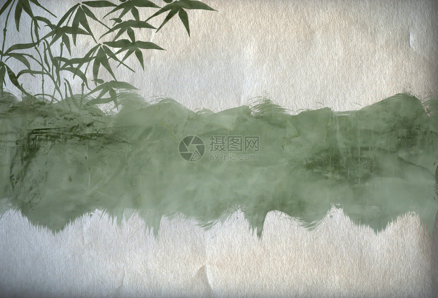 Grungy 背景 带竹枝的旧纸插图夹子边缘文化树叶框架森林绘画墙纸古董图片