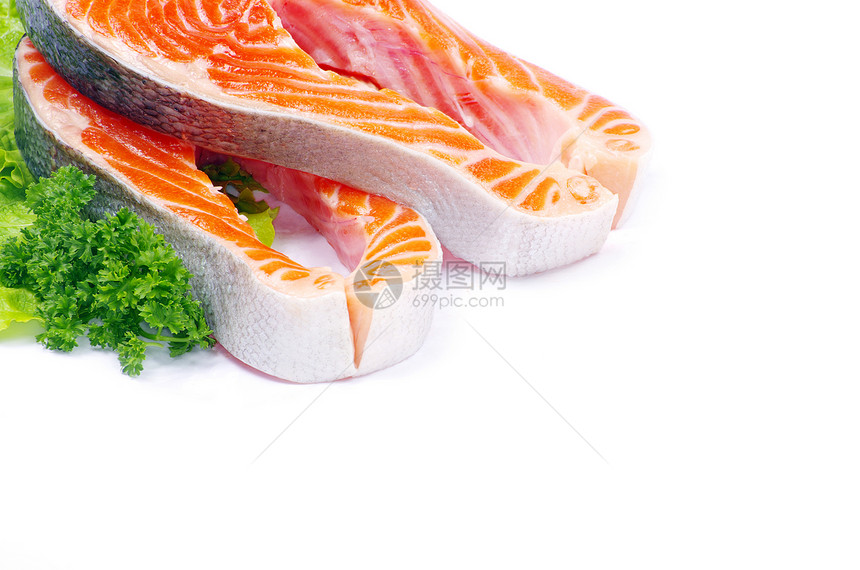 鲑鱼和香料草本植物美食牛扒食物海鲜鳟鱼柠檬宏观橙子白色图片