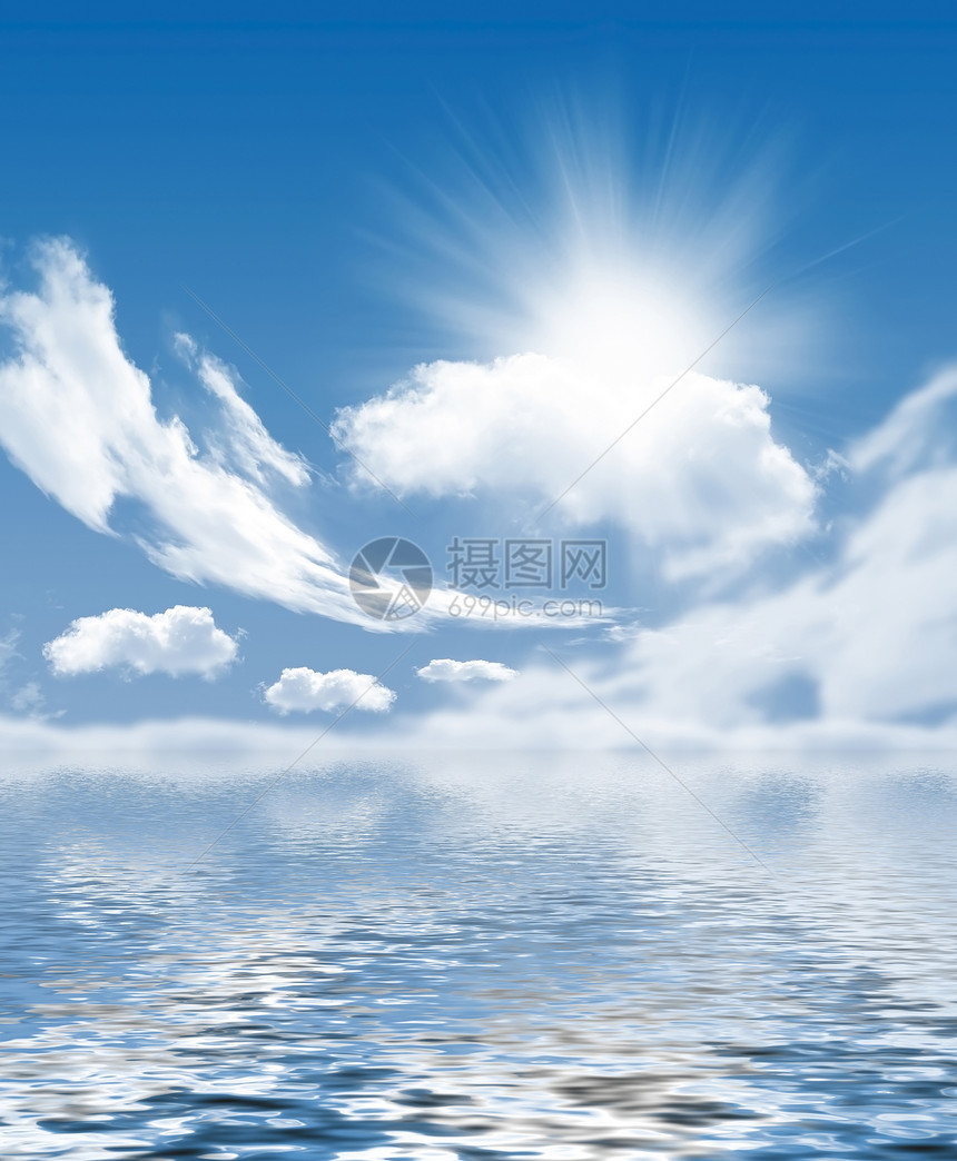 云和太阳的照片波浪白色蓝色光线反射海洋太阳图片