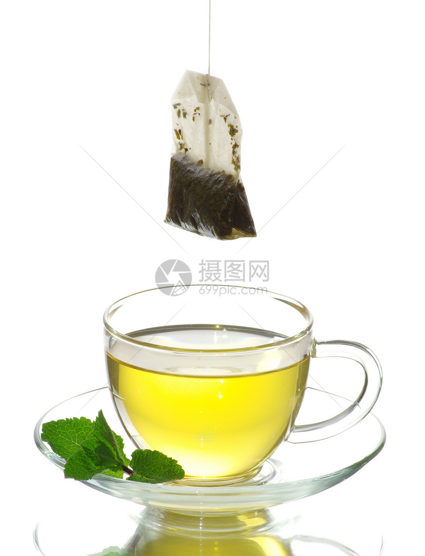 茶杯中的茶薄荷黄色饮料盘子玻璃柠檬食物杯子水果绿色图片