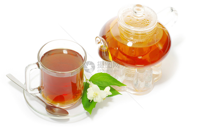 茶茶壶红色液体白色一杯茶水平玻璃橙子杯子绿色图片