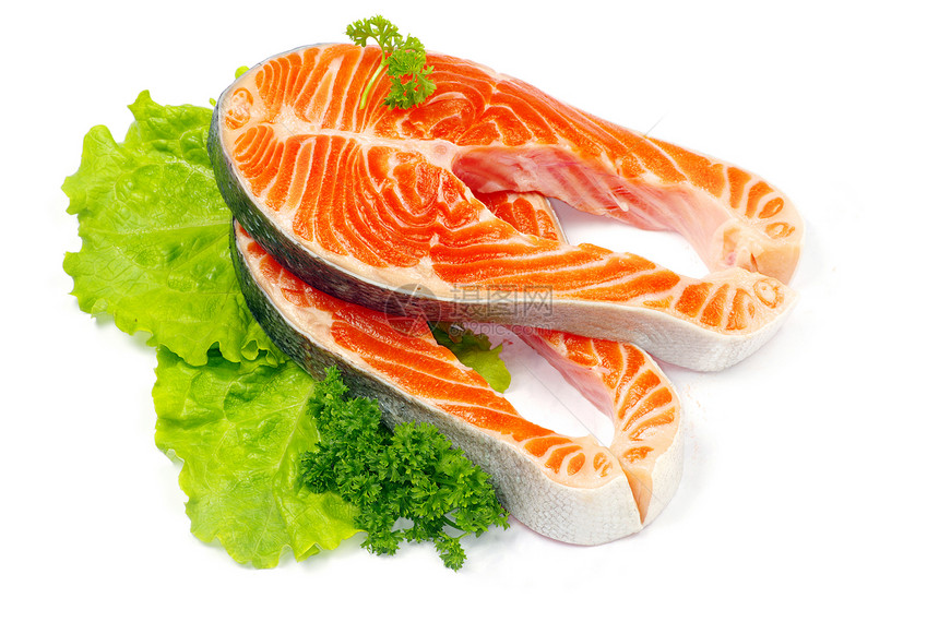 生鲑鱼海鲜牛扒鳟鱼柠檬草本植物香料食物宏观白色橙子图片