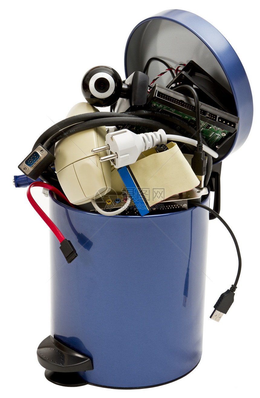 含有电子废物的垃圾回收桶插头计算机部分技术绳索电源线电脑老鼠相机硬盘图片