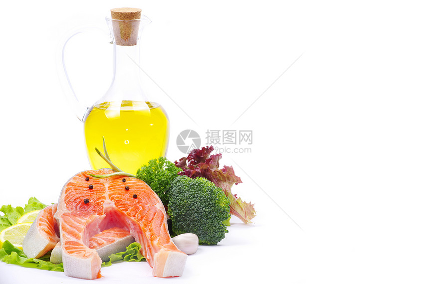 鲑鱼红色柠檬橙子海鲜牛扒香料白色宏观食物美食图片