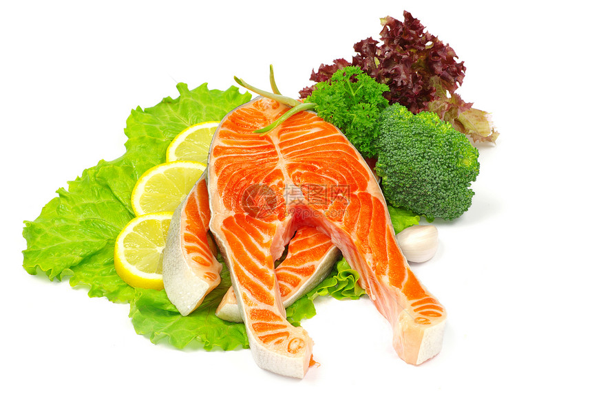 生鲑鱼牛扒鳟鱼红色宏观食物白色草本植物橙子柠檬美食图片