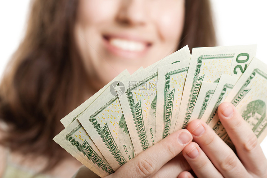 手头美元货币微笑成人援助女性贷款快乐债务熏肉商务人士图片