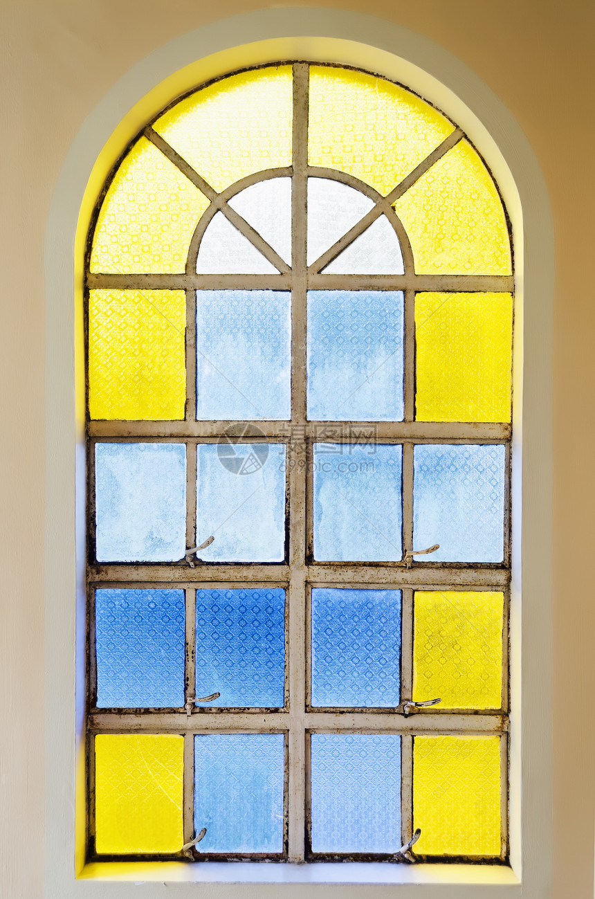 彩色玻璃窗口窗户结构蓝色黄色建筑学建筑对象棕色图片