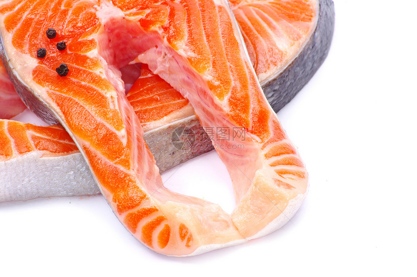 鲑鱼红色牛扒宏观海鲜木头橙子鳟鱼美食柠檬香料图片