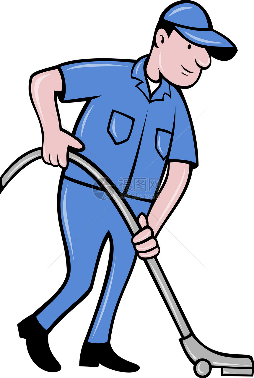 男工人用吸尘清洁器清洗男人插图零售商艺术品卡通片打扫真空男性吸尘器图片