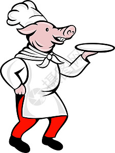 卡通猪厨师烹饪面包师 提供餐盘拼盘卡通片盘子艺术品插图帽子服务背景图片