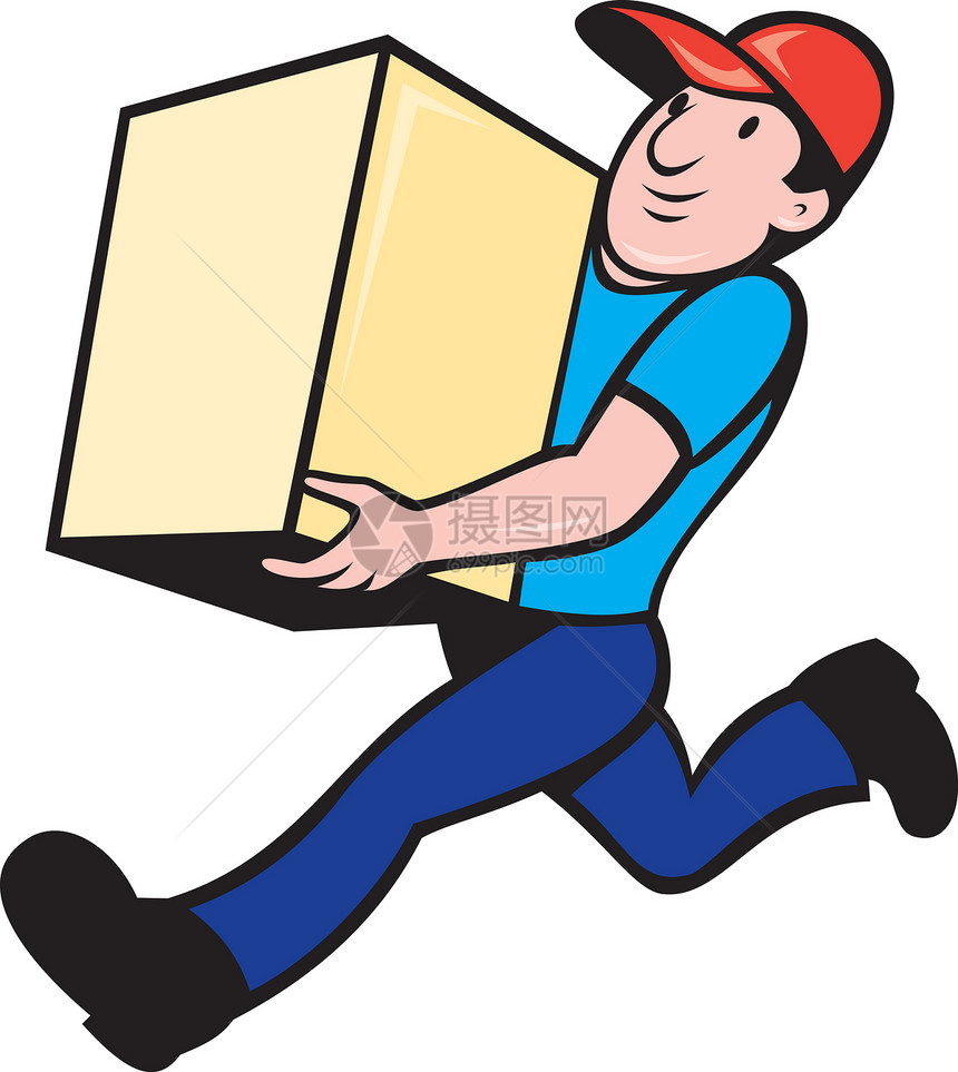 正在运行的送货箱中运送人男人工人卡通片男性艺术品盒子插图跑步图片