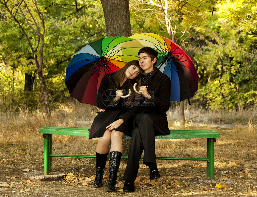 秋天在公园的一对夫妇男生男性男人森林长椅夫妻情感女孩女性图片
