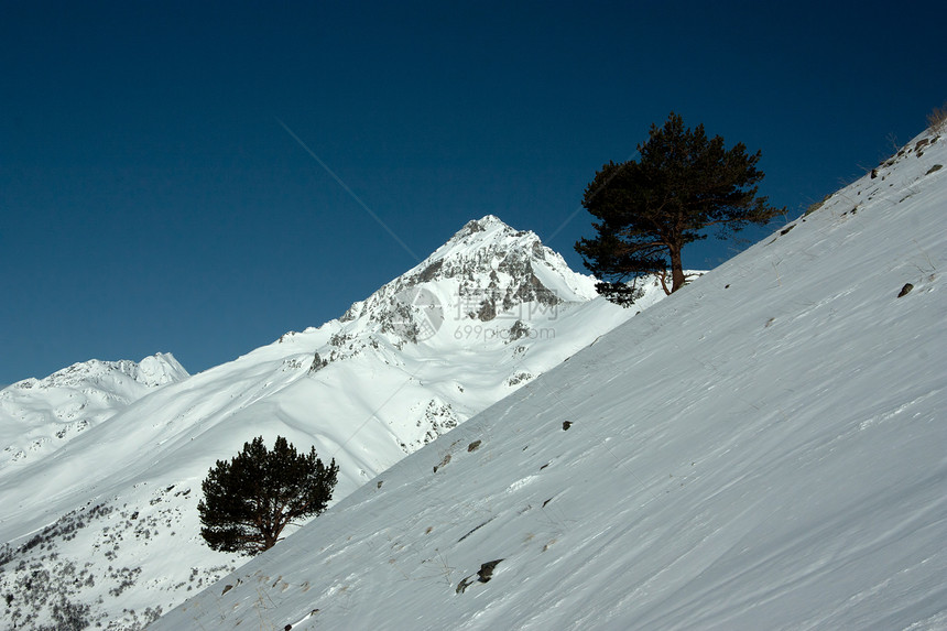 高加索山区山地滑雪度假胜地山峰岩石森林高地风景高山旅游晴天冰川山脉图片
