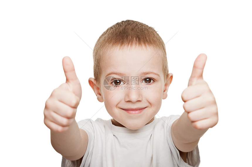 儿童举起大拇指男性孩子童年儿子手指微笑手势白色手臂情绪化图片