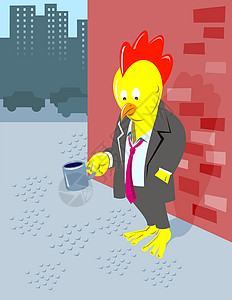 公办工人乞讨养鸡的无业小鸡失业上班族城市插图卡通片动物街道人行道员工背景图片