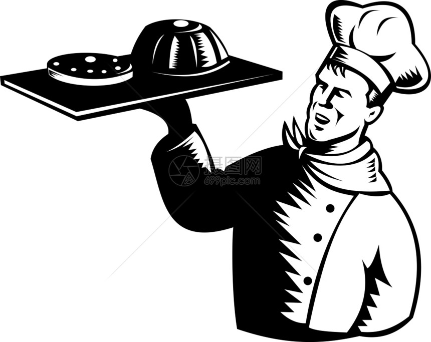 餐食面包师 手持糕饼面包产品托盘男性面包食物木刻糕点男人工人黑与白插图图片