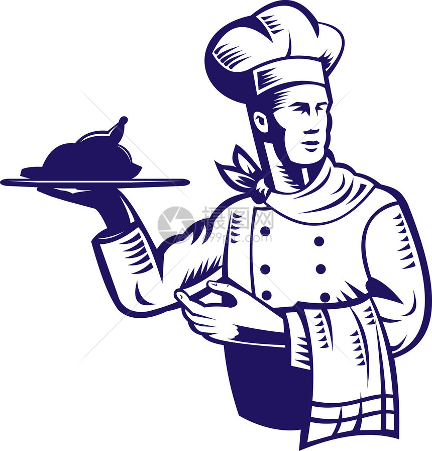 厨师和烤鸡木刻服务毛巾插图托盘食物帽子工人餐巾男人图片