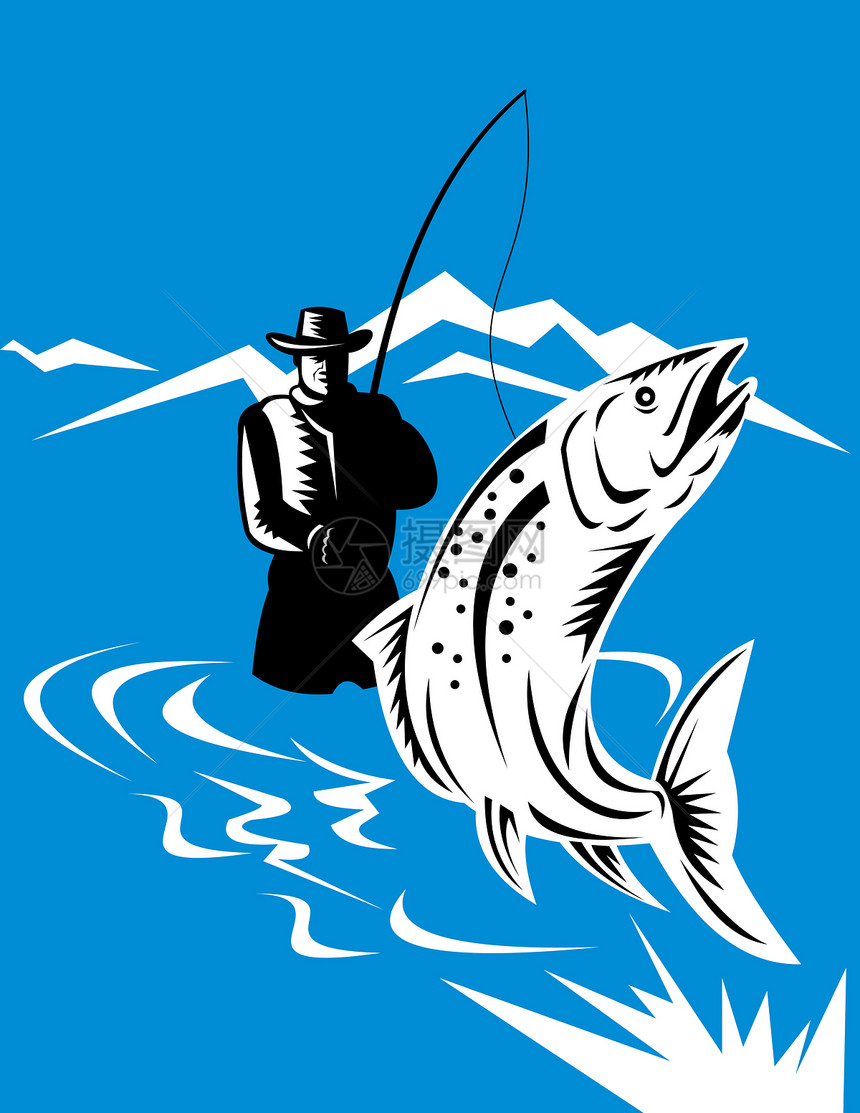 钓鱼员接吻的鲑鱼跳跃卷轴插图斑点野生动物缫丝钓鱼渔夫飞钓者图片