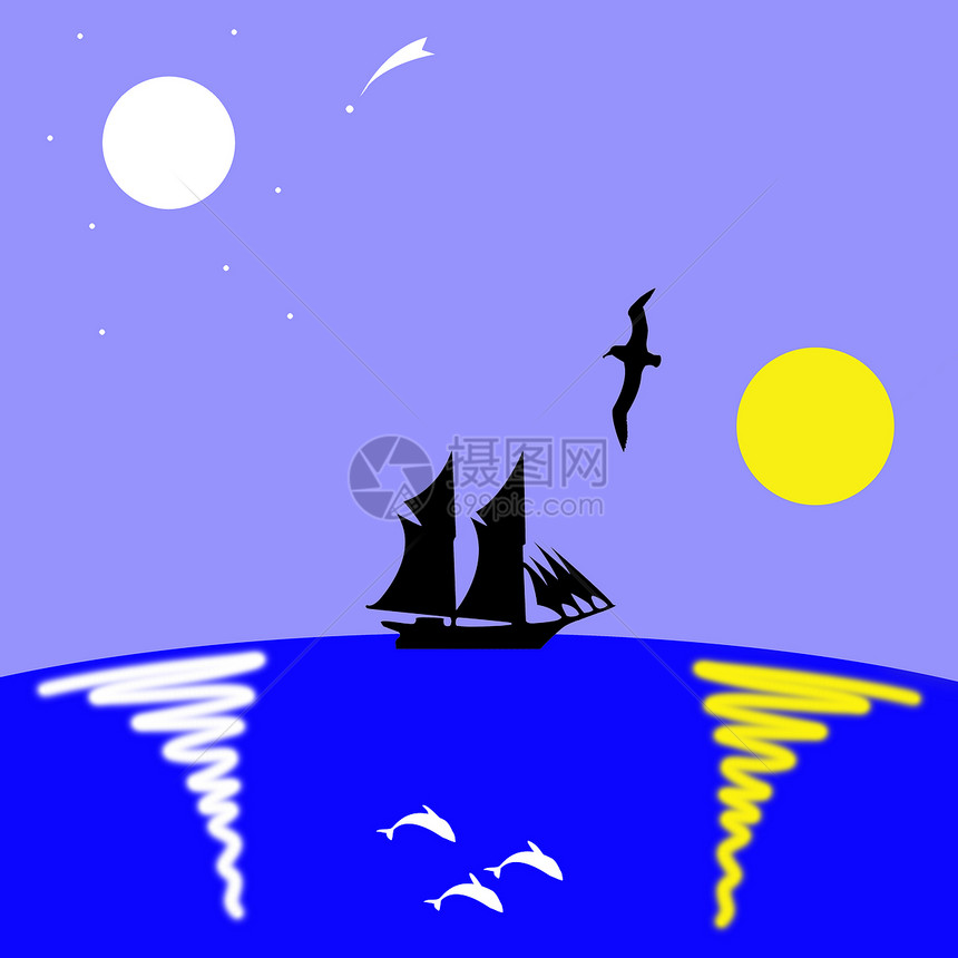 矢量绘图帆船草图中殿星星月亮航班绘画海鸥艺术品蓝色图片