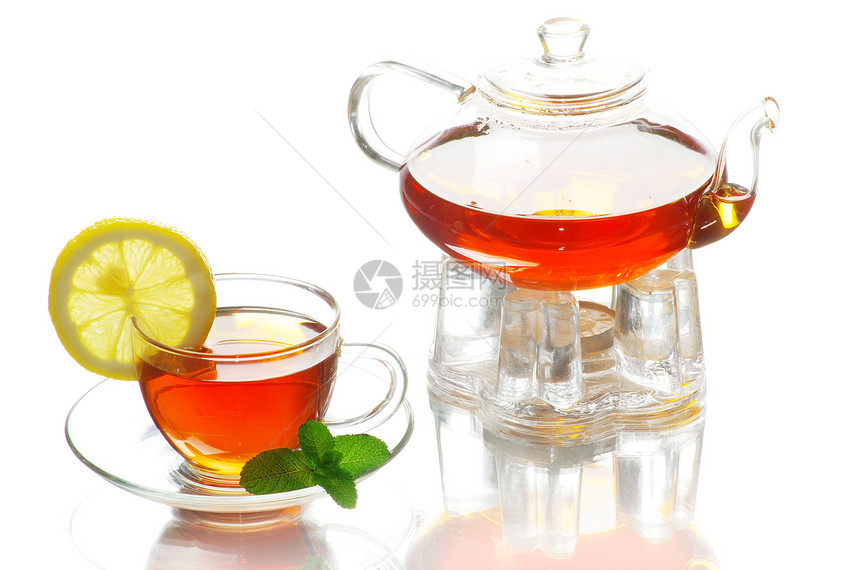 茶茶杯水平液体叶子棕色玻璃橙子红色茶壶绿色概念图片