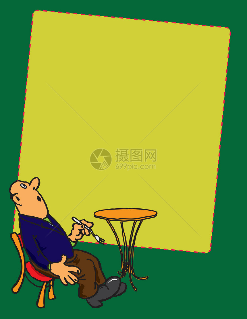 一个带叉子的男人桌子菜单餐厅饮食数字插图绘画眼睛力量卡通片图片