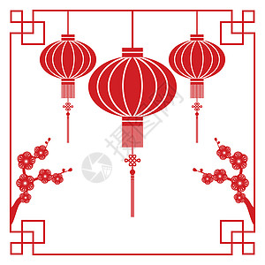 中文新年贺卡插图剪纸庆典祝福灯笼红色樱花墙纸繁荣问候背景图片