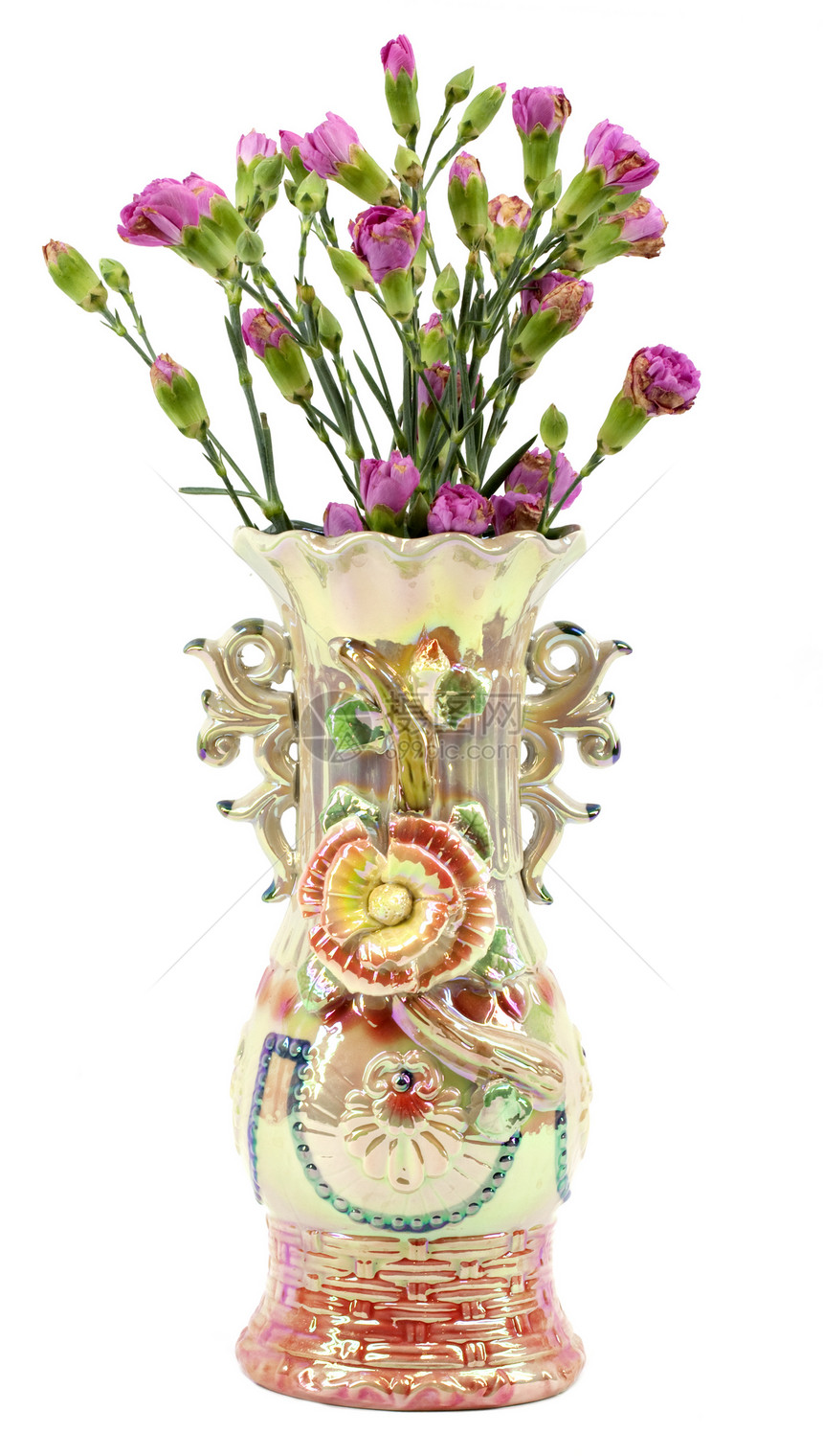 白底带粉红康乃馨的花瓶图片