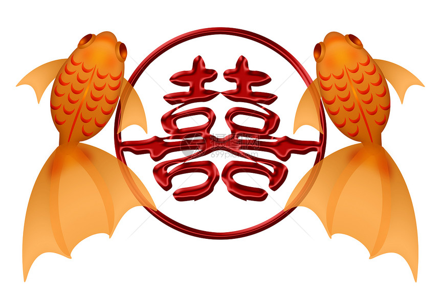 金鱼对配有双幸福中国符号的金鱼对图片